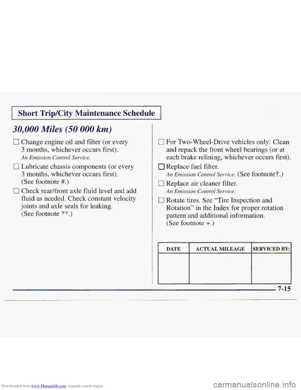 CHEVROLET S10 1997 2.G Owners Manual Downloaded from www.Manualslib.com manuals search engine I Short .Trip/City Maintenance Schedule] 
30,000 Miles (50 0.00 km) 
0 Change engine oil  and  fi;lter (or every 
3 months, -whichever occurs f