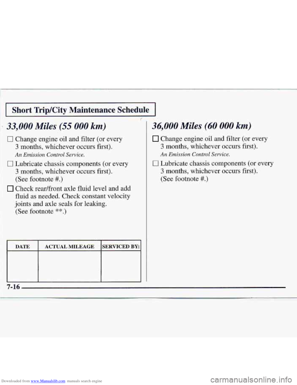 CHEVROLET S10 1997 2.G User Guide Downloaded from www.Manualslib.com manuals search engine I I 
0 Change engine oil and  filter  (or  every 
3 months,  whichever  occurs first). 
An Emissiun Control Sewice. 
0 Lubricate chassis compon