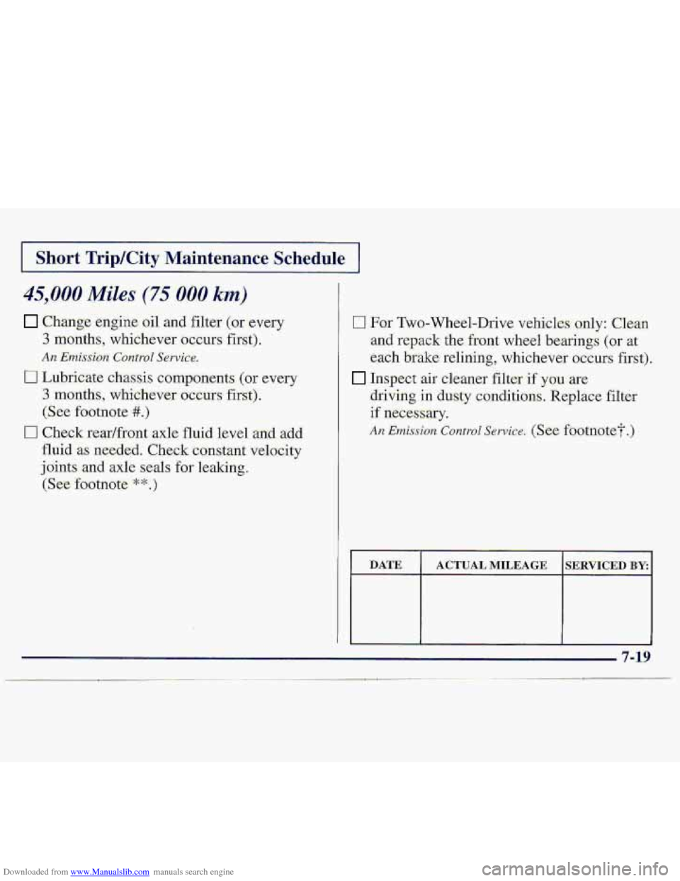 CHEVROLET S10 1997 2.G Owners Manual Downloaded from www.Manualslib.com manuals search engine I Sho.rt Tri"p/City Maintenance Schedule 1
45,000 Miles (75 0.00 km)
Change engine oil and filter (or every
3 months, whichever occurs firs CHEVROLET S10 1997 2.G Owners Manual Downloaded from www.Manualslib.com manuals search engine I Sho.rt Tri"p/City Maintenance Schedule 1
45,000 Miles (75 0.00 km)
Change engine oil and filter (or every
3 months, whichever occurs firs