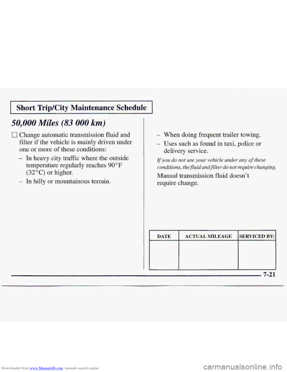 CHEVROLET S10 1997 2.G Owners Manual Downloaded from www.Manualslib.com manuals search engine Short TriplCity Maintenance Schedule
50,000 Miles (83 000 km)
0 Change automatic transmission fluid and
filter if the vehicle is mainly driv CHEVROLET S10 1997 2.G Owners Manual Downloaded from www.Manualslib.com manuals search engine Short TriplCity Maintenance Schedule
50,000 Miles (83 000 km)
0 Change automatic transmission fluid and
filter if the vehicle is mainly driv