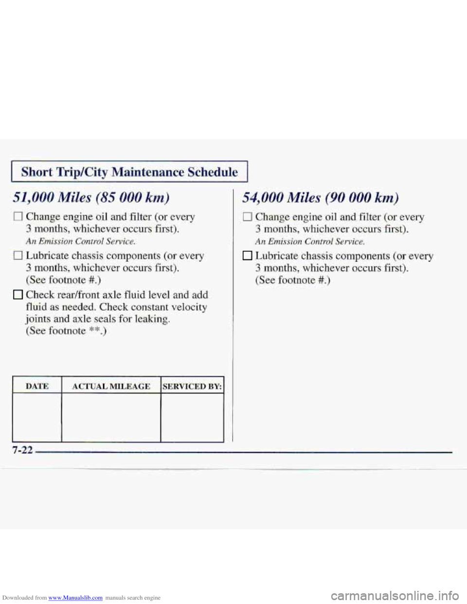 CHEVROLET S10 1997 2.G User Guide Downloaded from www.Manualslib.com manuals search engine 51,000 Miles (85 000 km) 
El Change engine oil -and:filter (or every 
3 months,  which.ever-  occuwfirrst). 
An Emisrston Control Service. 
17