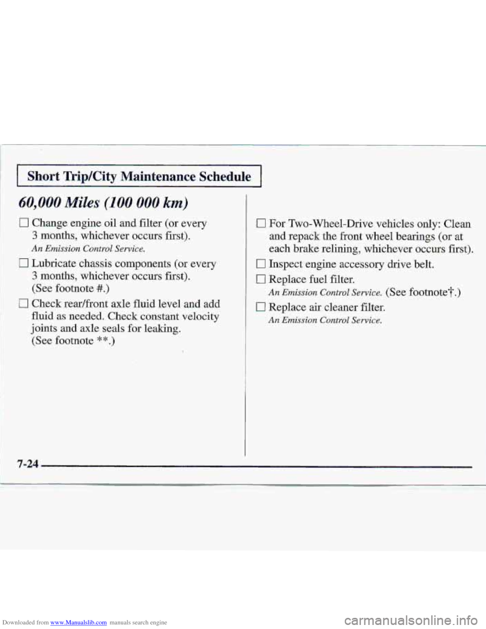 CHEVROLET S10 1997 2.G Owners Manual Downloaded from www.Manualslib.com manuals search engine 60,000 Miles (100 000 km) 
7-24   