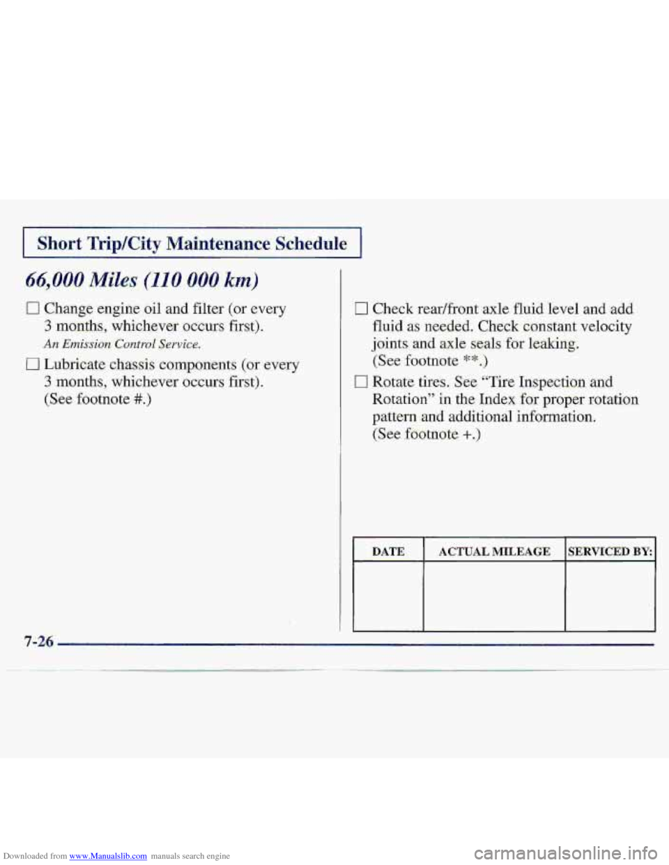 CHEVROLET S10 1997 2.G Owners Manual Downloaded from www.Manualslib.com manuals search engine t5t ,000 Miles (I10 000 km) 
0 Change engine oil and fi :r (ox evay 
3 monihs, whichever occurs first). 
h Emission Curztroi Service. 
0 Lubric