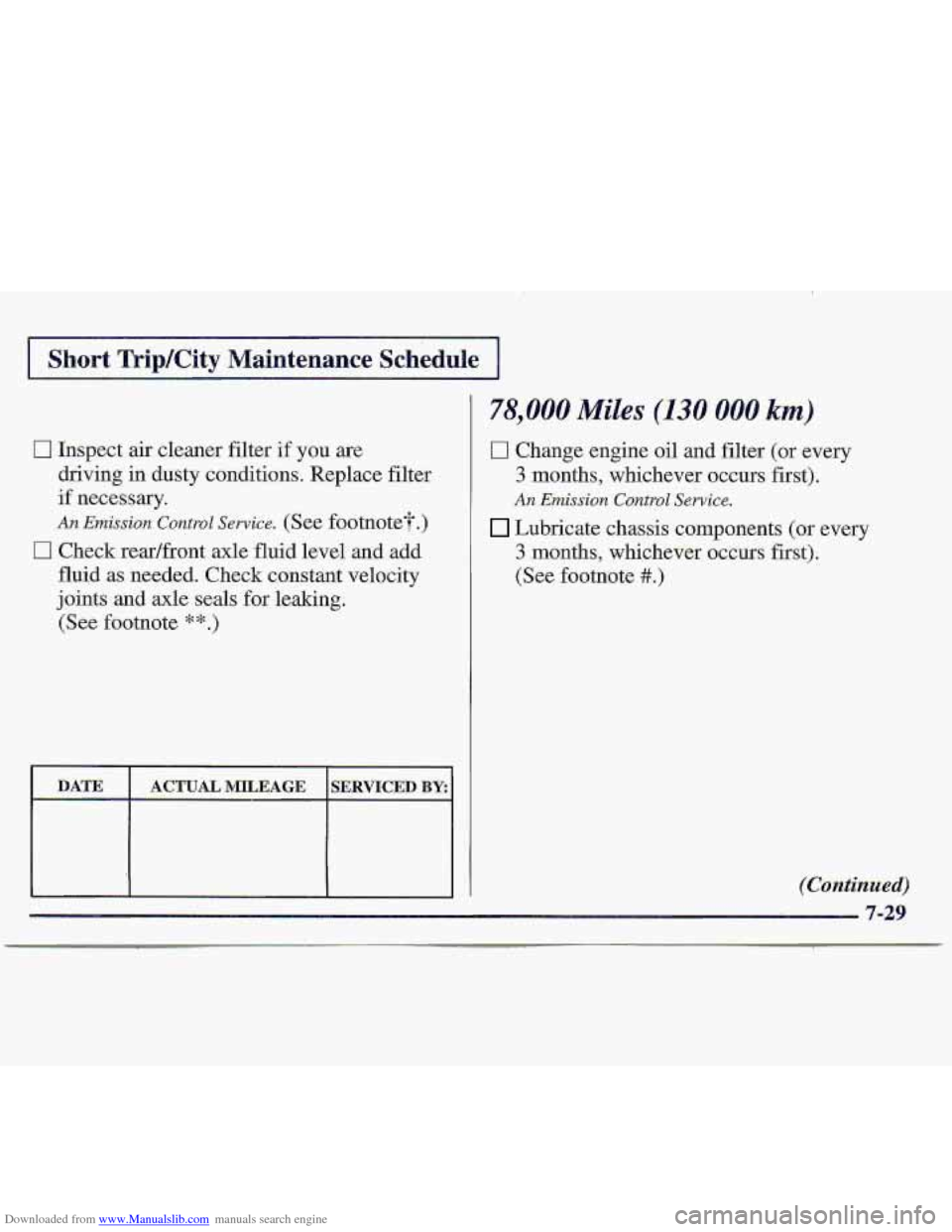 CHEVROLET S10 1997 2.G Owners Manual Downloaded from www.Manualslib.com manuals search engine 0 Inspect air cleaner filter  if  you are 
driving  in dusty  conditions. Replace filter 
if necessary. 
An Emission Conpol Service. (See footn