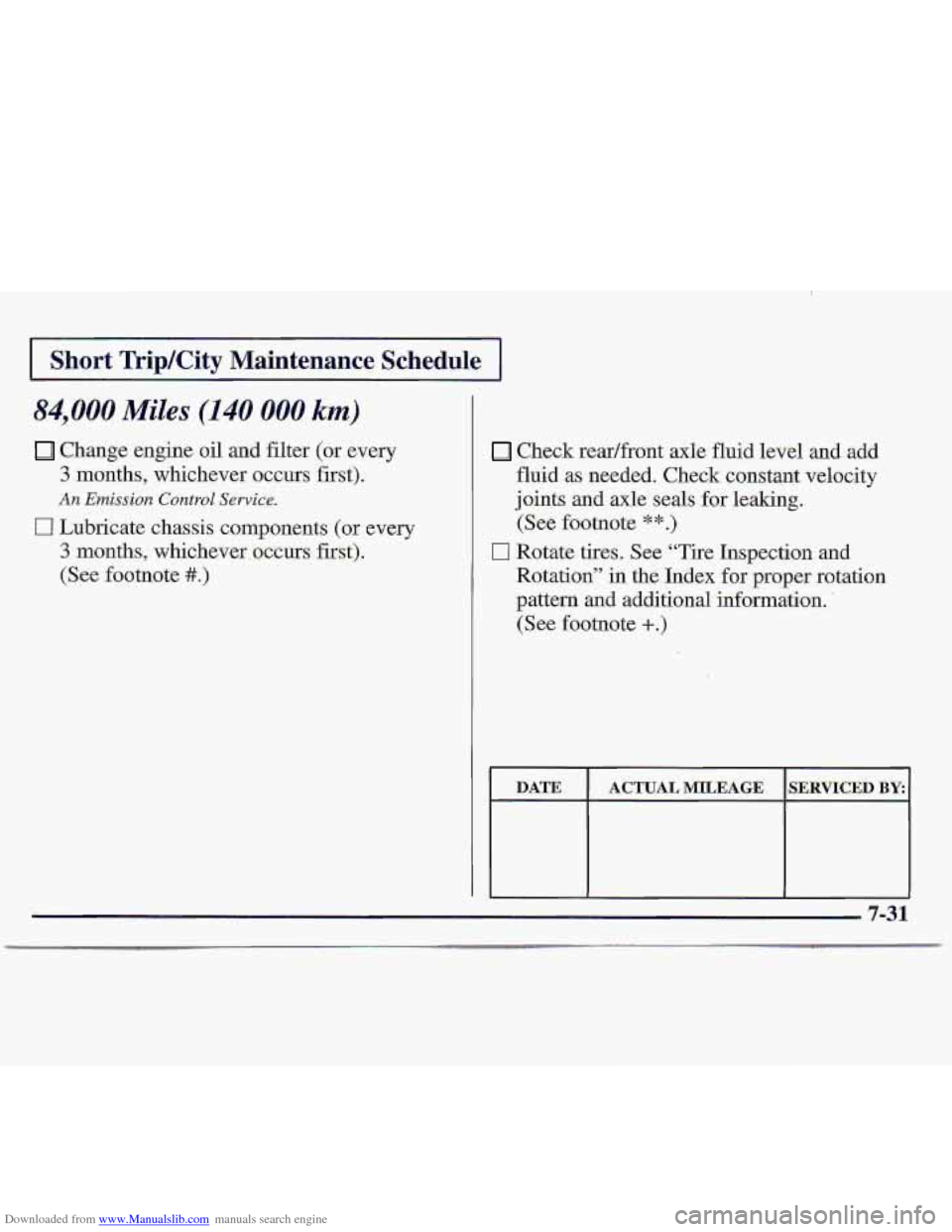 CHEVROLET S10 1997 2.G Owners Manual Downloaded from www.Manualslib.com manuals search engine I Short Trip/City Maintenance  Schedule I 
84,000 Miles (140 000 km) 
Change engine oil and filter  (or  every 
3 months, whichever occurs firs