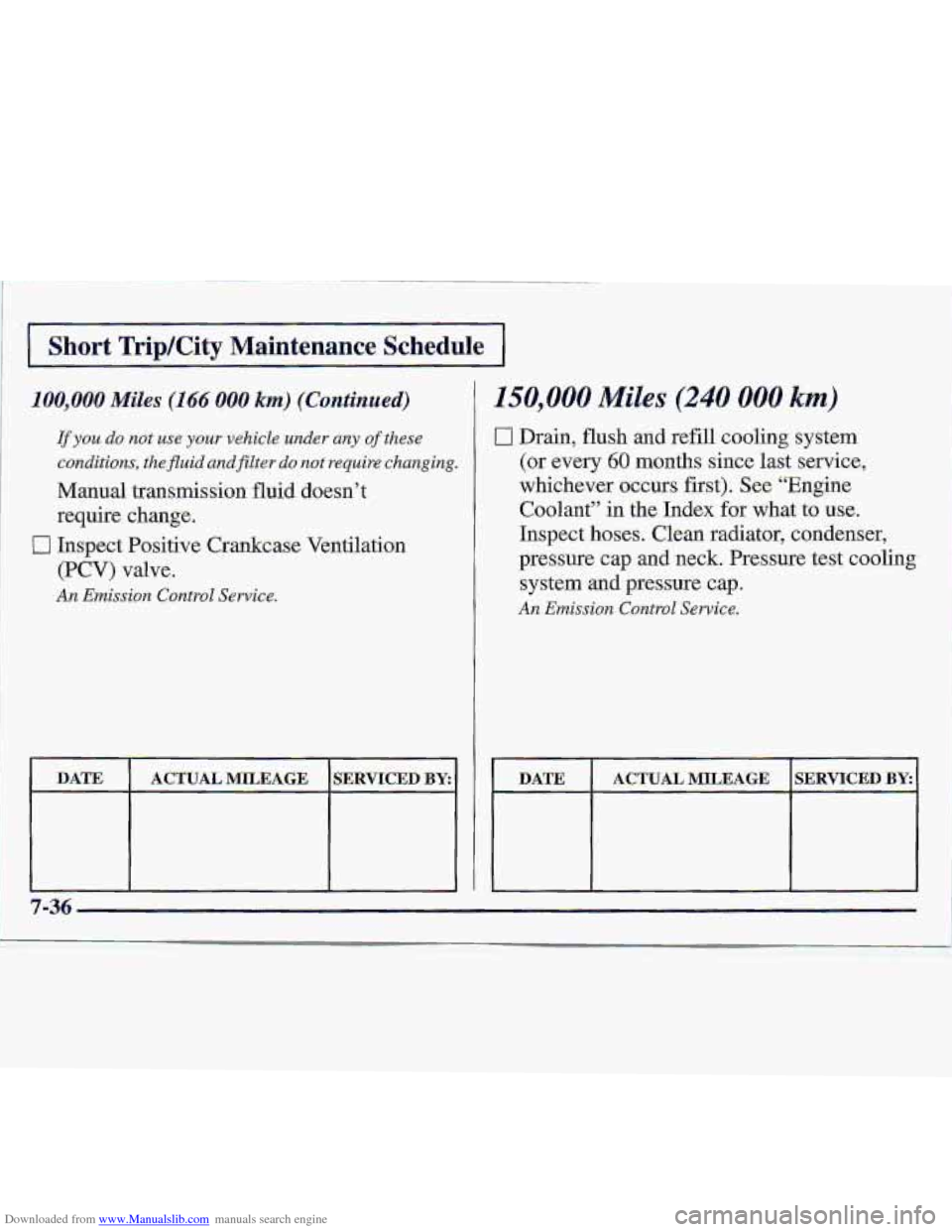CHEVROLET S10 1997 2.G Owners Manual Downloaded from www.Manualslib.com manuals search engine 100,000 Miles (166 000 km) (Continued)
If you do no.t use your vehicle under any of these
conditions, the
fZuid andfilter do not require CHEVROLET S10 1997 2.G Owners Manual Downloaded from www.Manualslib.com manuals search engine 100,000 Miles (166 000 km) (Continued)
If you do no.t use your vehicle under any of these
conditions, the
fZuid andfilter do not require
