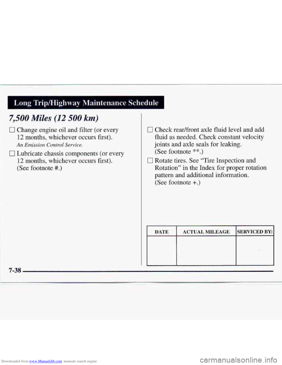 CHEVROLET S10 1997 2.G Owners Manual Downloaded from www.Manualslib.com manuals search engine I
Long. Tripmighway .Maintenance .. Schedule .. I
m
0 Check readfront .axle fluid level and add
fluid as needed. Check constant velocit CHEVROLET S10 1997 2.G Owners Manual Downloaded from www.Manualslib.com manuals search engine I
Long. Tripmighway .Maintenance .. Schedule .. I
m
0 Check readfront .axle fluid level and add
fluid as needed. Check constant velocit