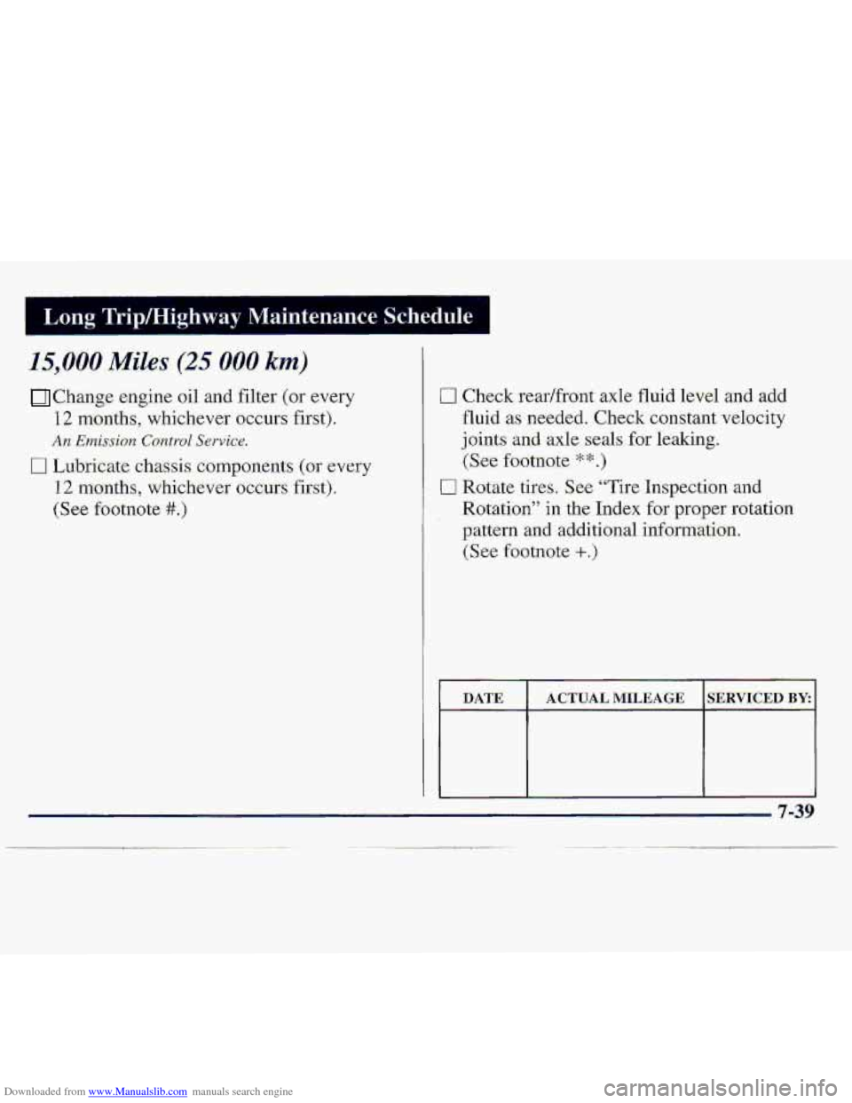 CHEVROLET S10 1997 2.G Owners Manual Downloaded from www.Manualslib.com manuals search engine .L . . , ,- L- .. -I. _..
. - ... , Long’TripLHighway , Maintenance Schedule
Chang.e engine oil and filter (or every
12 months, whichever CHEVROLET S10 1997 2.G Owners Manual Downloaded from www.Manualslib.com manuals search engine .L . . , ,- L- .. -I. _..
. - ... , Long’TripLHighway , Maintenance Schedule
Chang.e engine oil and filter (or every
12 months, whichever