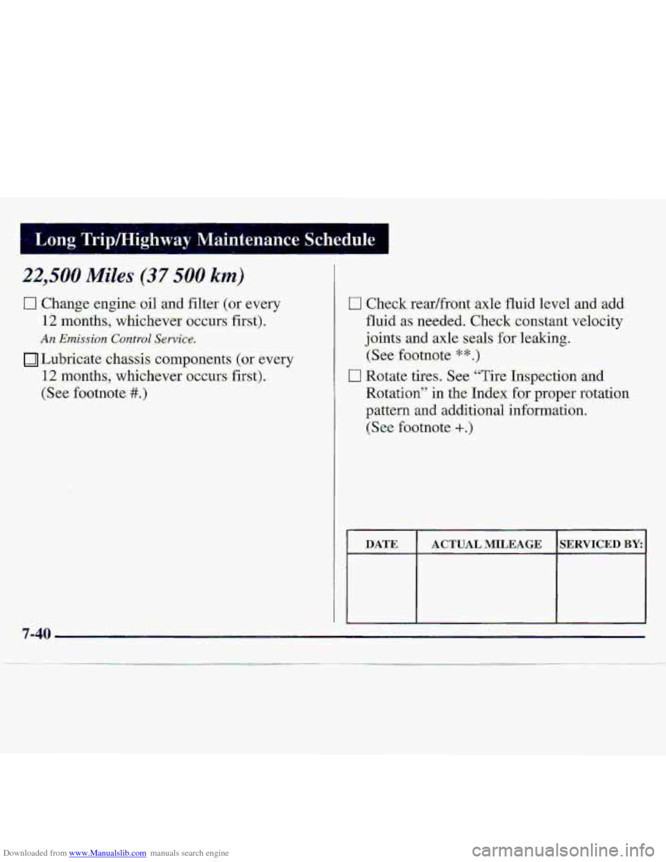 CHEVROLET S10 1997 2.G Owners Manual Downloaded from www.Manualslib.com manuals search engine uuEls rrip/Highway Maintenance Schedule I
22,500 Miles (37 500 km)
CI Change engine oil’ and filter (or every
I2 months., whichever occur CHEVROLET S10 1997 2.G Owners Manual Downloaded from www.Manualslib.com manuals search engine uuEls rrip/Highway Maintenance Schedule I
22,500 Miles (37 500 km)
CI Change engine oil’ and filter (or every
I2 months., whichever occur