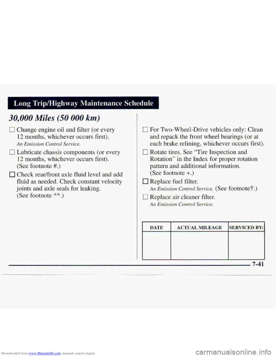 CHEVROLET S10 1997 2.G Owners Manual Downloaded from www.Manualslib.com manuals search engine n Fur Two.-Wheel-Drive vehicles only: Clean
-and repack the. front wheel bearings (or.
at‘
each brake relining, whichever occurs firs CHEVROLET S10 1997 2.G Owners Manual Downloaded from www.Manualslib.com manuals search engine n Fur Two.-Wheel-Drive vehicles only: Clean
-and repack the. front wheel bearings (or.
at‘
each brake relining, whichever occurs firs