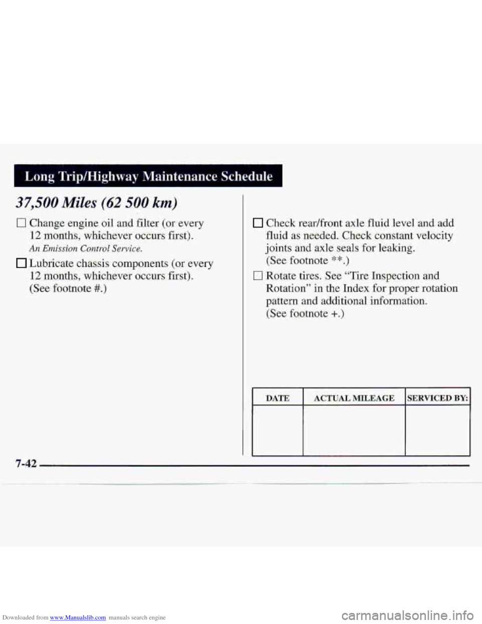 CHEVROLET S10 1997 2.G Owners Manual Downloaded from www.Manualslib.com manuals search engine Chec-k  rear/front axle fluid level and  add 
fluid as  ne-eded. Check constant  velocity 
joints  and 
axle seals .for leaking. 
(See  footnot