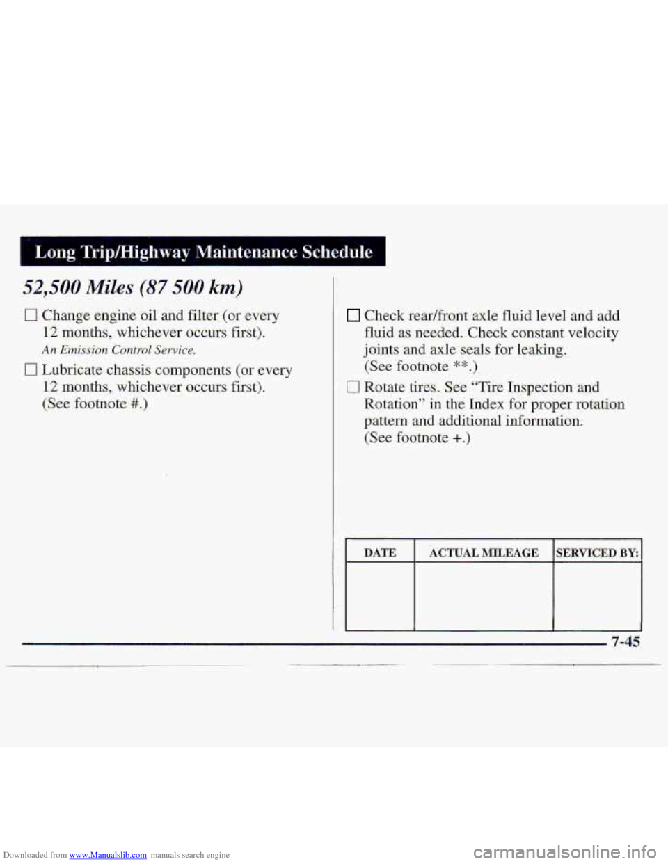 CHEVROLET S10 1997 2.G Owners Manual Downloaded from www.Manualslib.com manuals search engine Long Tripmighway  Maintenance  Schedule 
52,500 Miles (87 500 km) 
0 Change engine oil and filter  (or  every 
12 months, whichever occurs  fir