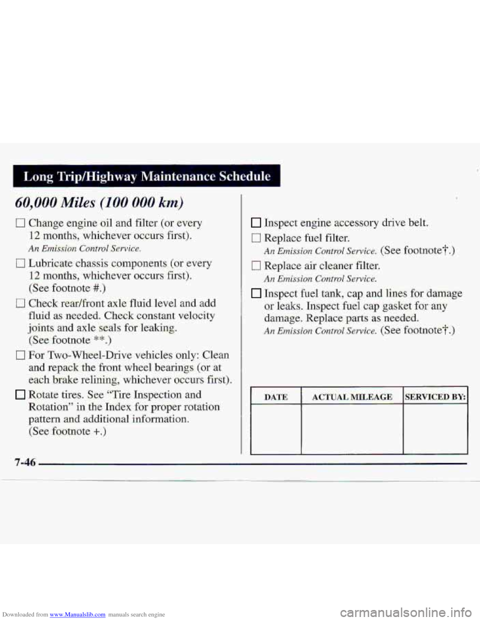 CHEVROLET S10 1997 2.G Owners Manual Downloaded from www.Manualslib.com manuals search engine Long Trip/Highway  Maintenance  Schedule I 
60,000 Miles (100 000 km) 
I7 Change engine oil and filter (or  every 
12 months,  whichever  occur