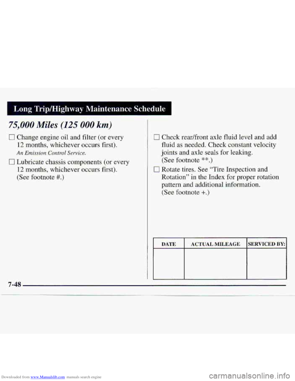CHEVROLET S10 1997 2.G Owners Manual Downloaded from www.Manualslib.com manuals search engine I Long  Tripmighway Maintenance Schedule I 
75,000 Miles (125 000 knt) 
Ll Change engine oil -and  filter  (or  every 
S2 months, whichever  oc