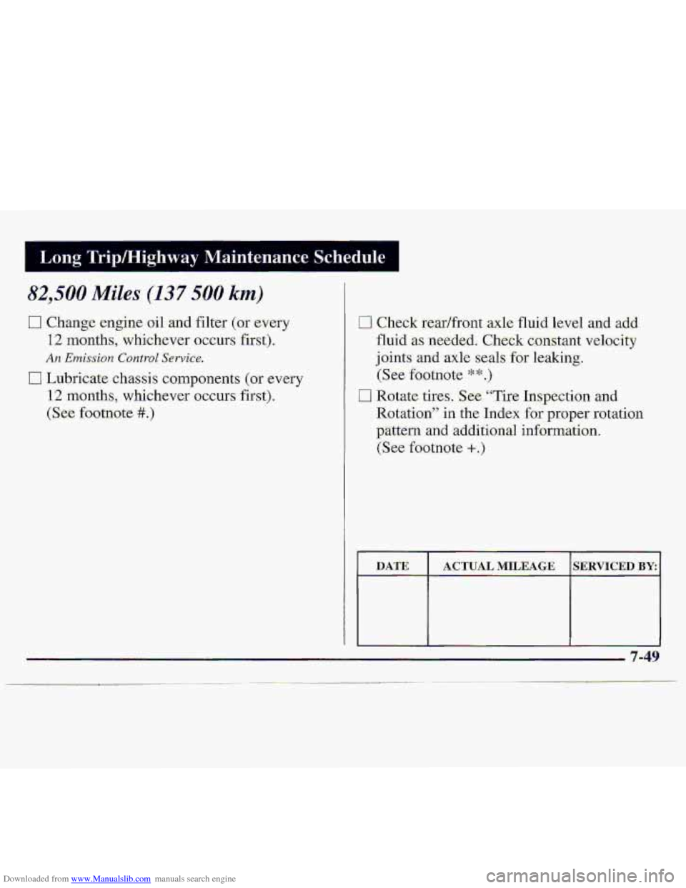 CHEVROLET S10 1997 2.G Owners Manual Downloaded from www.Manualslib.com manuals search engine I Long Tripmighway  Maintenance  Schedule I 
82,500 Miles (137 500 km) 
0 Change engine oil and filter  (or  -every 
12 months,  whichever occu
