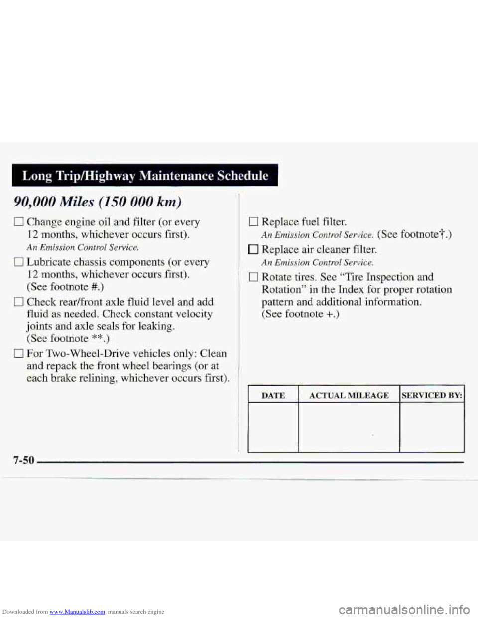 CHEVROLET S10 1997 2.G Owners Manual Downloaded from www.Manualslib.com manuals search engine I Long Trip/Highway Maintenance Schedule .‘I 
90,000 Miles (150 000 km) 
0 Change engine oil .and filter (or every 
1.2 month,s,  whxhever  o