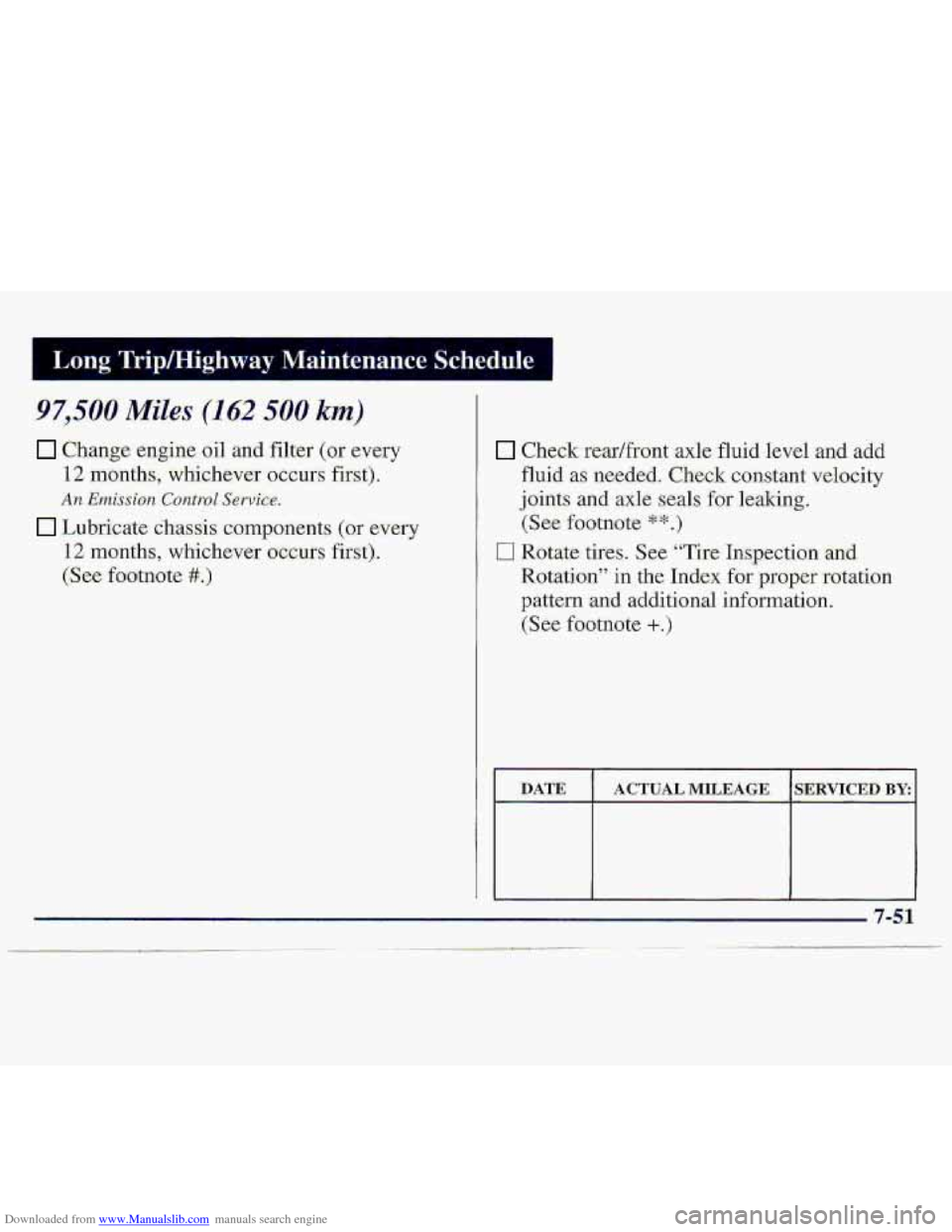 CHEVROLET S10 1997 2.G Owners Manual Downloaded from www.Manualslib.com manuals search engine Long Tripmighway  Maintenance  Schedule 1 
97,500 Miles (162 500 km) 
Change engine oil and-filter (or evely 
12 months, whichever:  occui-s fi