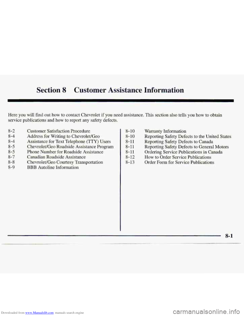 CHEVROLET S10 1997 2.G Owners Manual Downloaded from www.Manualslib.com manuals search engine Section 8 Customer Assktance Information   
