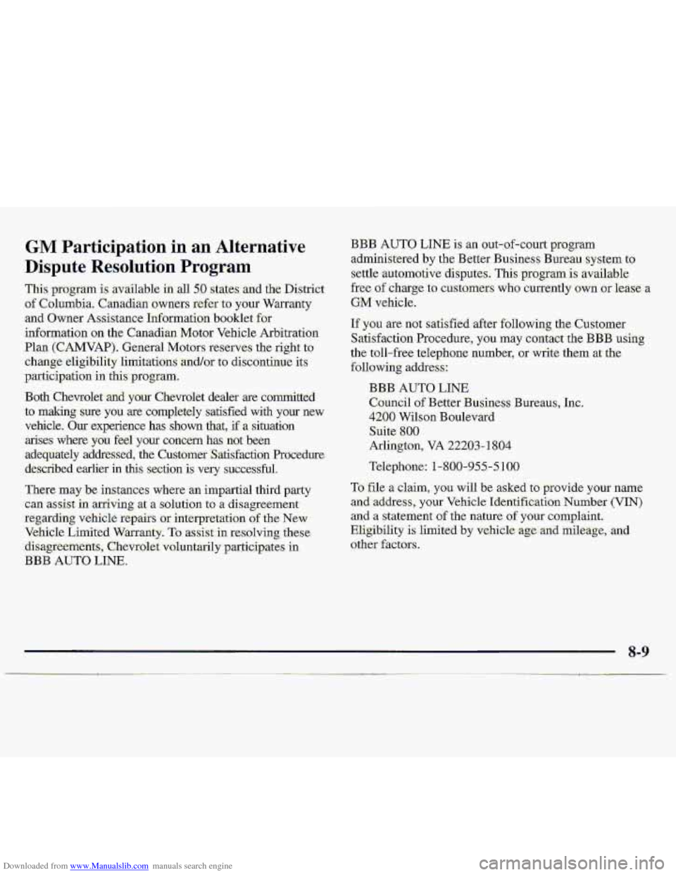 CHEVROLET S10 1997 2.G Owners Manual Downloaded from www.Manualslib.com manuals search engine GM Participation in an Alternative
Dispute
Resolution Program
This prcgram .is available iil all 50 states. and the District
of Co1urnbi CHEVROLET S10 1997 2.G Owners Manual Downloaded from www.Manualslib.com manuals search engine GM Participation in an Alternative
Dispute
Resolution Program
This prcgram .is available iil all 50 states. and the District
of Co1urnbi