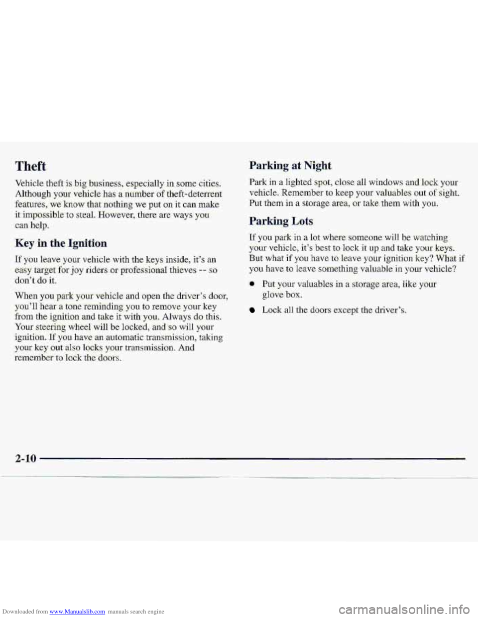 CHEVROLET S10 1997 2.G Owners Manual Downloaded from www.Manualslib.com manuals search engine Theft, Parking at Mght 
Vehicle  theft isbig Business,  especially in.some cities, 
Although  your vehicle has a number  of  theft-detefren’t