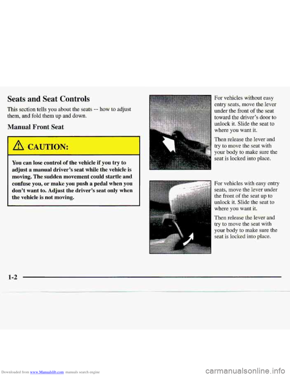 CHEVROLET S10 1997 2.G Owners Manual Downloaded from www.Manualslib.com manuals search engine Seats and Seat Controls 
This; section tdls you about the seats -- how to adjust 
them, 
and fold them up- and down. 
For  vehicles  without ea