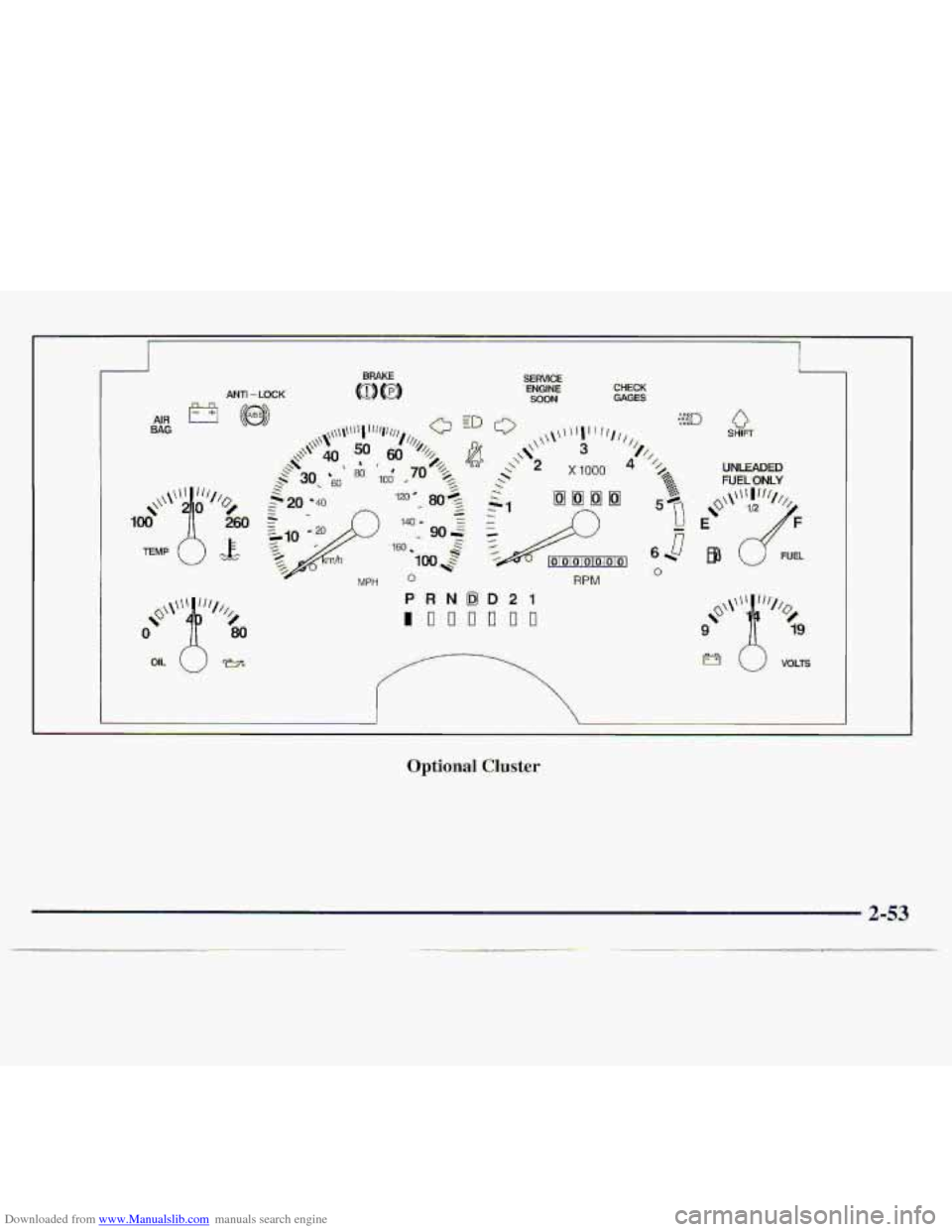 CHEVROLET S10 1997 2.G Owners Manual Downloaded from www.Manualslib.com manuals search engine ANTI -LOCK CHECK GAGES 
-RPM V 
I 
I I 
Optional Cluster 
2-   