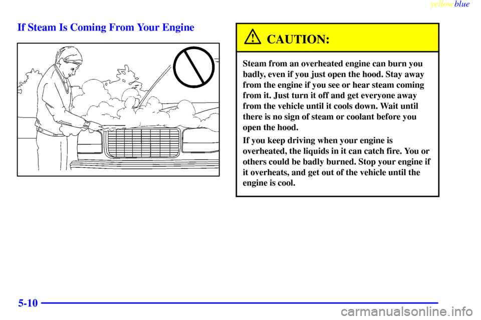 CHEVROLET SILVERADO 1999 1.G Owners Manual yellowblue     
5-10 If Steam Is Coming From Your Engine
CAUTION:
Steam from an overheated engine can burn you
badly, even if you just open the hood. Stay away
from the engine if you see or hear steam