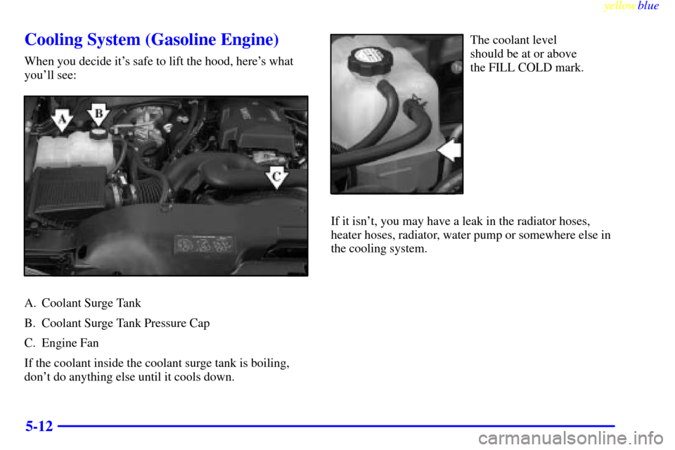 CHEVROLET SILVERADO 1999 1.G Owners Manual yellowblue
5-12
Cooling System (Gasoline Engine)
When you decide its safe to lift the hood, heres what
youll see:
A. Coolant Surge Tank
B. Coolant Surge Tank Pressure Cap
C. Engine Fan
If the CHEVROLET SILVERADO 1999 1.G Owners Manual yellowblue
5-12
Cooling System (Gasoline Engine)
When you decide its safe to lift the hood, heres what
youll see:
A. Coolant Surge Tank
B. Coolant Surge Tank Pressure Cap
C. Engine Fan
If the
