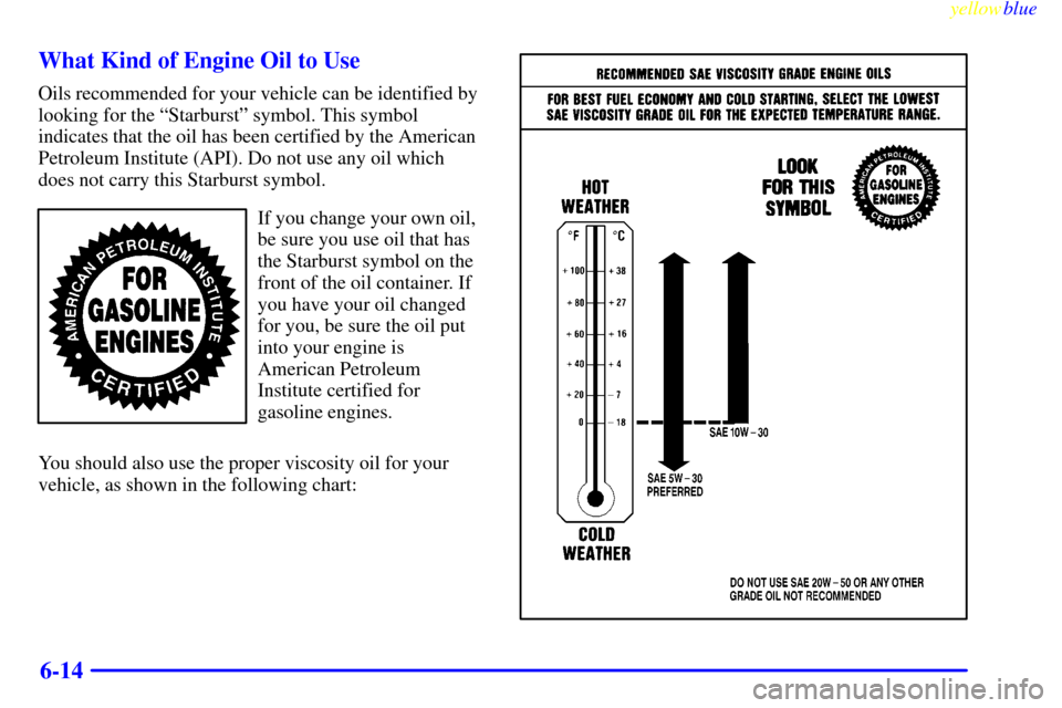 CHEVROLET SILVERADO 1999 1.G Owners Manual yellowblue     
6-14 What Kind of Engine Oil to Use
Oils recommended for your vehicle can be identified by
looking for the ªStarburstº symbol. This symbol
indicates that the oil has been certified b