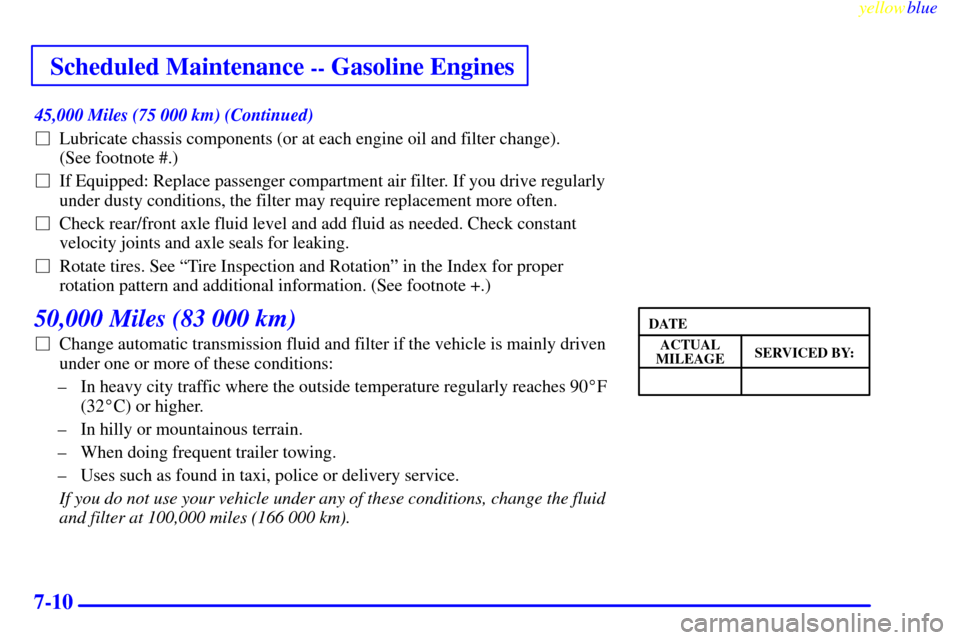 CHEVROLET SILVERADO 1999 1.G Owners Manual Scheduled Maintenance -- Gasoline Engines
yellowblue     
7-10
45,000 Miles (75 000 km) (Continued)
Lubricate chassis components (or at each engine oil and filter change). 
(See footnote #.)
If Equi