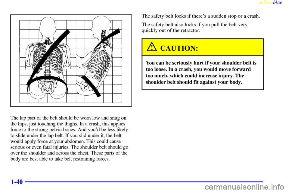 CHEVROLET SILVERADO 1999 1.G Service Manual yellowblue     
1-40
The lap part of the belt should be worn low and snug on
the hips, just touching the thighs. In a crash, this applies
force to the strong pelvic bones. And youd be less likely
to 