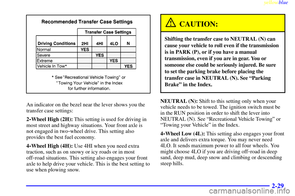 CHEVROLET SILVERADO 2000 1.G Owners Manual yellowblue     
2-29
An indicator on the bezel near the lever shows you the
transfer case settings:
2
-Wheel High (2H): This setting is used for driving in
most street and highway situations. Your fro