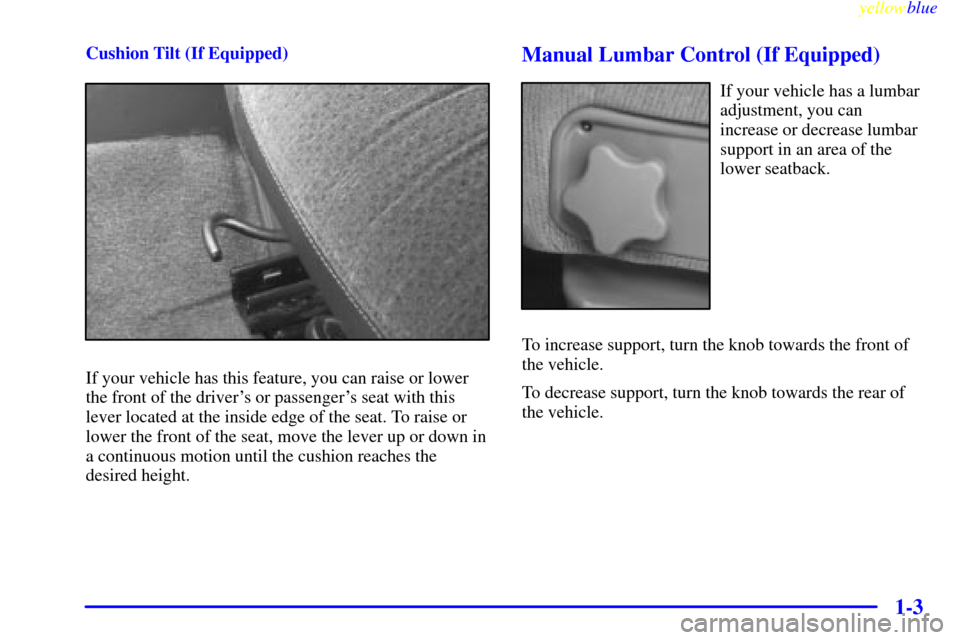 CHEVROLET SILVERADO 2000 1.G User Guide yellowblue
1-3
Cushion Tilt (If Equipped)
If your vehicle has this feature, you can raise or lower
the front of the drivers or passengers seat with this
lever located at the inside edge of the CHEVROLET SILVERADO 2000 1.G User Guide yellowblue
1-3
Cushion Tilt (If Equipped)
If your vehicle has this feature, you can raise or lower
the front of the drivers or passengers seat with this
lever located at the inside edge of the