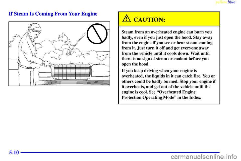 CHEVROLET SILVERADO 2000 1.G Owners Manual yellowblue     
5-10 If Steam Is Coming From Your Engine
CAUTION:
Steam from an overheated engine can burn you
badly, even if you just open the hood. Stay away
from the engine if you see or hear steam