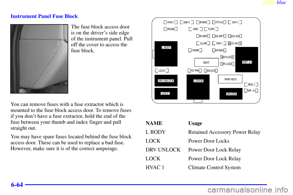 CHEVROLET SILVERADO 2000 1.G Owners Manual yellowblue     
6-64
Instrument Panel Fuse Block
The fuse block access door
is on the drivers side edge
of the instrument panel. Pull
off the cover to access the
fuse block.
You can remove fuses with