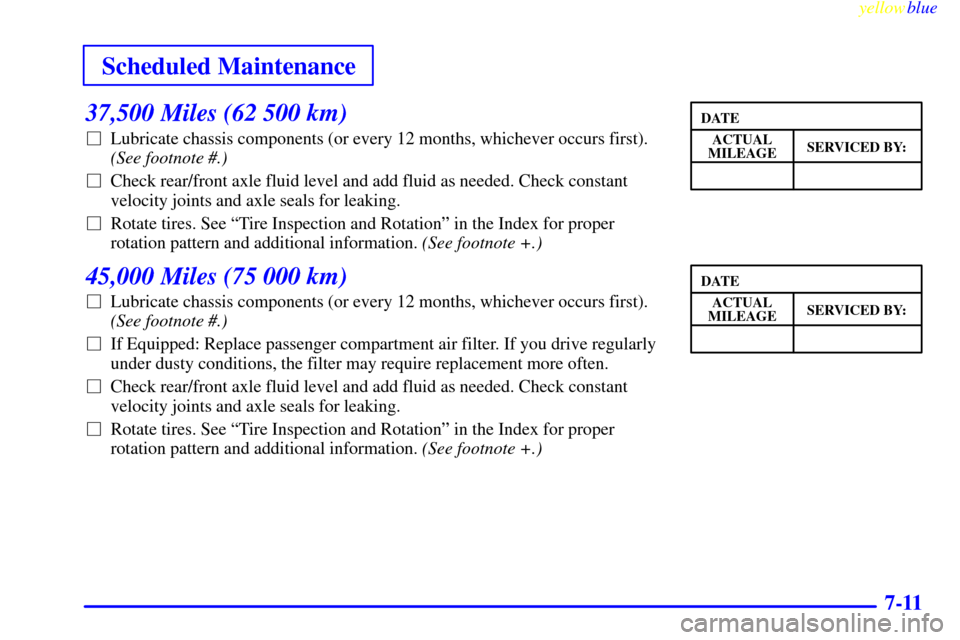 CHEVROLET SILVERADO 2000 1.G Owners Manual yellowblue     
Scheduled Maintenance
7-11
37,500 Miles (62 500 km)
Lubricate chassis components (or every 12 months, whichever occurs first).
(See footnote #.)
Check rear/front axle fluid level and