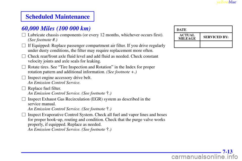 CHEVROLET SILVERADO 2000 1.G Owners Manual yellowblue     
Scheduled Maintenance
7-13
60,000 Miles (100 000 km)
Lubricate chassis components (or every 12 months, whichever occurs first).
(See footnote #.)
If Equipped: Replace passenger compa