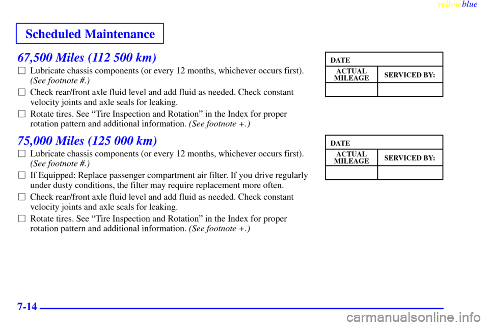 CHEVROLET SILVERADO 2000 1.G Owners Manual Scheduled Maintenance
yellowblue     
7-14
67,500 Miles (112 500 km)
Lubricate chassis components (or every 12 months, whichever occurs first).
(See footnote #.)
Check rear/front axle fluid level an