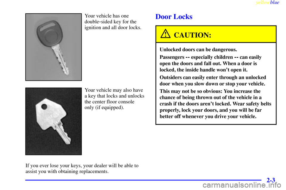 CHEVROLET SILVERADO 2000 1.G Owners Manual yellowblue     
2-3
Your vehicle has one
double
-sided key for the
ignition and all door locks.
Your vehicle may also have
a key that locks and unlocks
the center floor console
only (if equipped).
If 