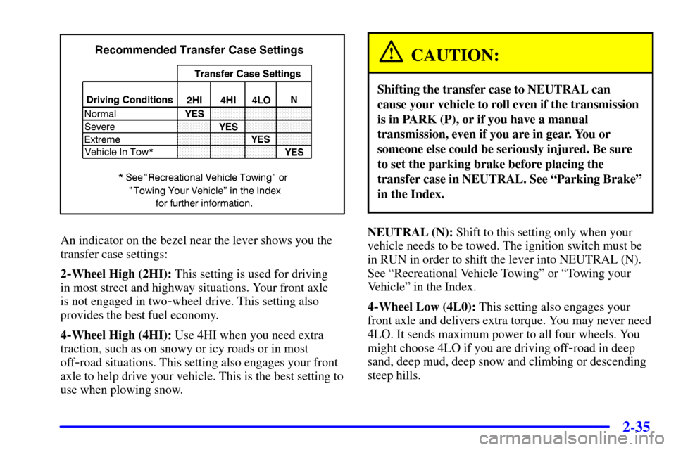 CHEVROLET SILVERADO 2001 1.G Owners Manual 2-35
An indicator on the bezel near the lever shows you the
transfer case settings:
2
-Wheel High (2HI): This setting is used for driving 
in most street and highway situations. Your front axle 
is no