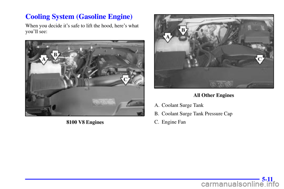 CHEVROLET SILVERADO 2001 1.G Owners Manual 5-11
Cooling System (Gasoline Engine)
When you decide its safe to lift the hood, heres what
youll see:
8100 V8 Engines
All Other Engines
A. Coolant Surge Tank
B. Coolant Surge Tank Pressure Cap
C. 