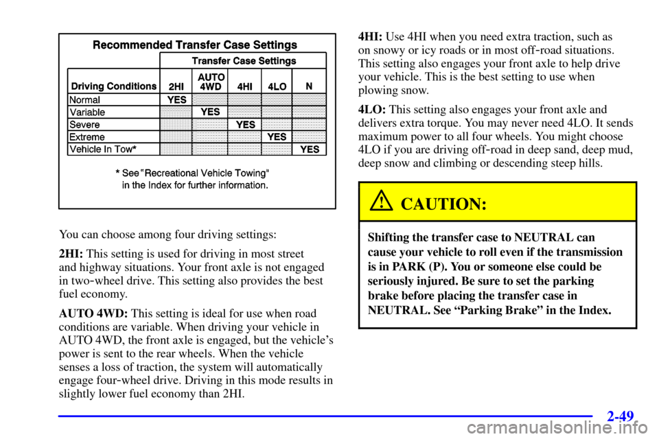 CHEVROLET SILVERADO 2002 1.G Owners Manual 2-49
You can choose among four driving settings:
2HI: This setting is used for driving in most street
and highway situations. Your front axle is not engaged
in two
-wheel drive. This setting also pro CHEVROLET SILVERADO 2002 1.G Owners Manual 2-49
You can choose among four driving settings:
2HI: This setting is used for driving in most street
and highway situations. Your front axle is not engaged
in two
-wheel drive. This setting also pro