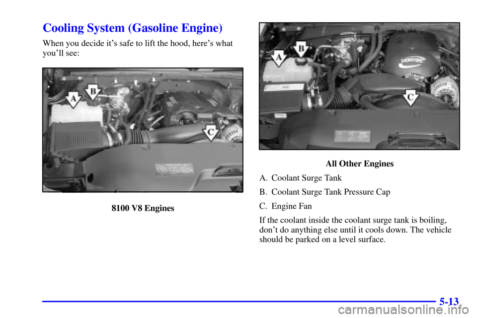 CHEVROLET SILVERADO 2002 1.G Owners Manual 5-13
Cooling System (Gasoline Engine)
When you decide its safe to lift the hood, heres what
youll see:
8100 V8 Engines
All Other Engines
A. Coolant Surge Tank
B. Coolant Surge Tank Pressure Cap
C. CHEVROLET SILVERADO 2002 1.G Owners Manual 5-13
Cooling System (Gasoline Engine)
When you decide its safe to lift the hood, heres what
youll see:
8100 V8 Engines
All Other Engines
A. Coolant Surge Tank
B. Coolant Surge Tank Pressure Cap
C.