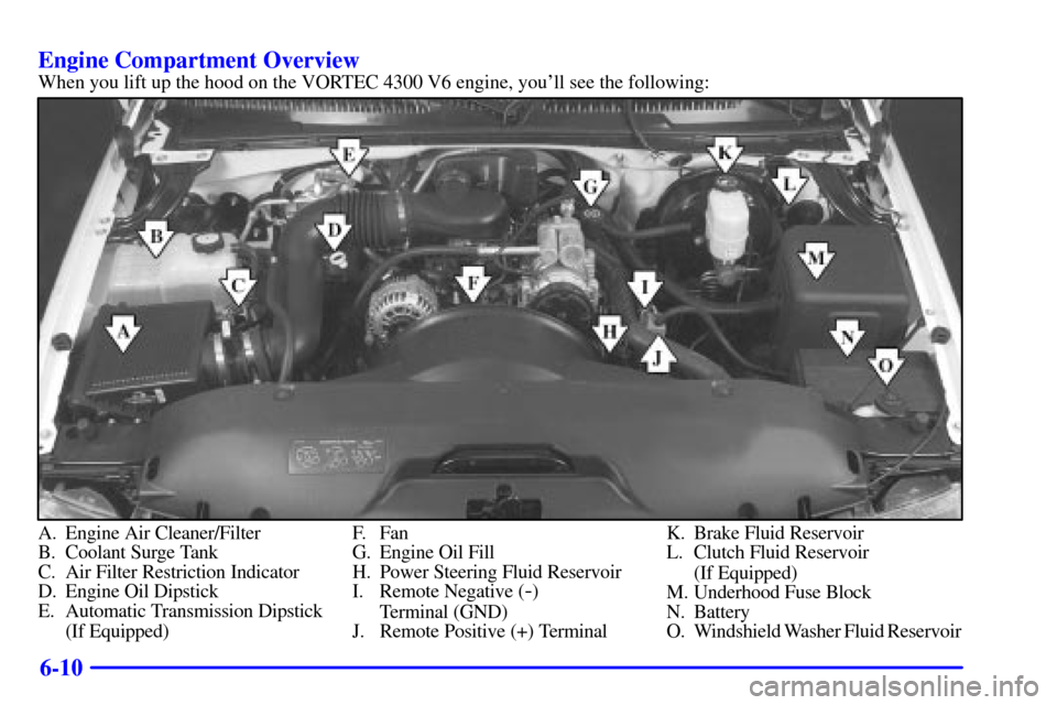 CHEVROLET SILVERADO 2002 1.G Owners Manual 6-10 Engine Compartment Overview
When you lift up the hood on the VORTEC 4300 V6 engine, youll see the following:
A. Engine Air Cleaner/Filter
B. Coolant Surge Tank
C. Air Filter Restriction Indicato CHEVROLET SILVERADO 2002 1.G Owners Manual 6-10 Engine Compartment Overview
When you lift up the hood on the VORTEC 4300 V6 engine, youll see the following:
A. Engine Air Cleaner/Filter
B. Coolant Surge Tank
C. Air Filter Restriction Indicato