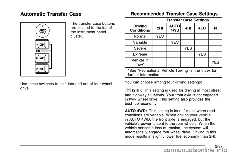 CHEVROLET SILVERADO 2003 1.G Owners Manual Automatic Transfer Case
The transfer case buttons
are located to the left of
the instrument panel
cluster.
Use these switches to shift into and out of four-wheel
drive.
Recommended Transfer Case Setti
