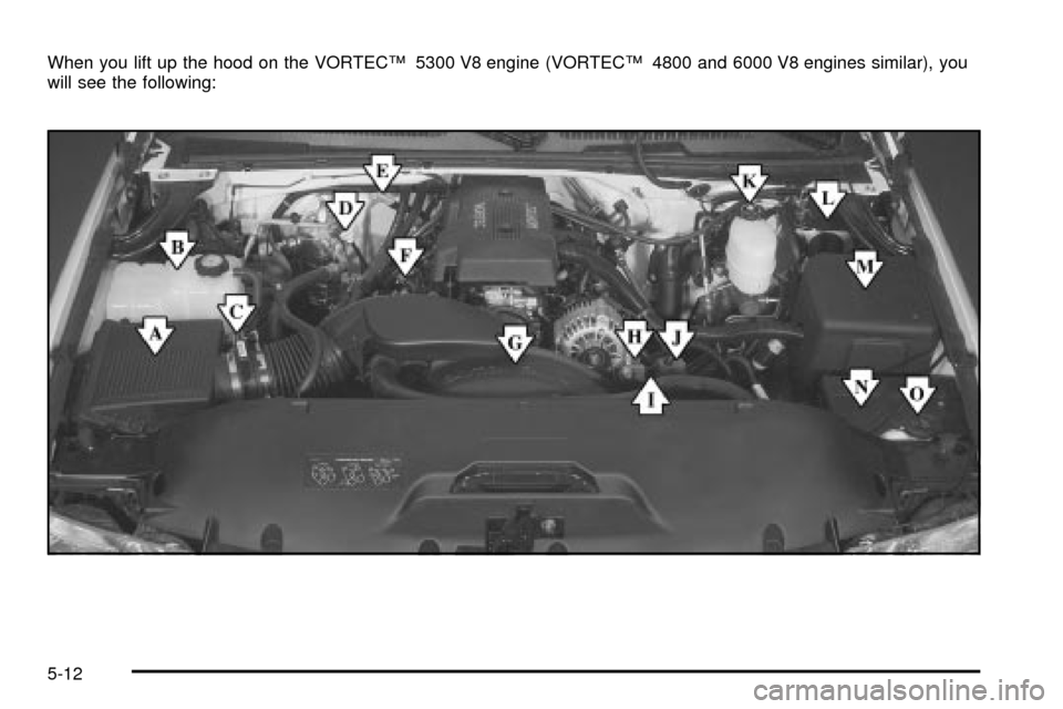 CHEVROLET SILVERADO 2003 1.G Owners Manual When you lift up the hood on the VORTECŸ 5300 V8 engine (VORTECŸ 4800 and 6000 V8 engines similar), you
will see the following:
5-12 