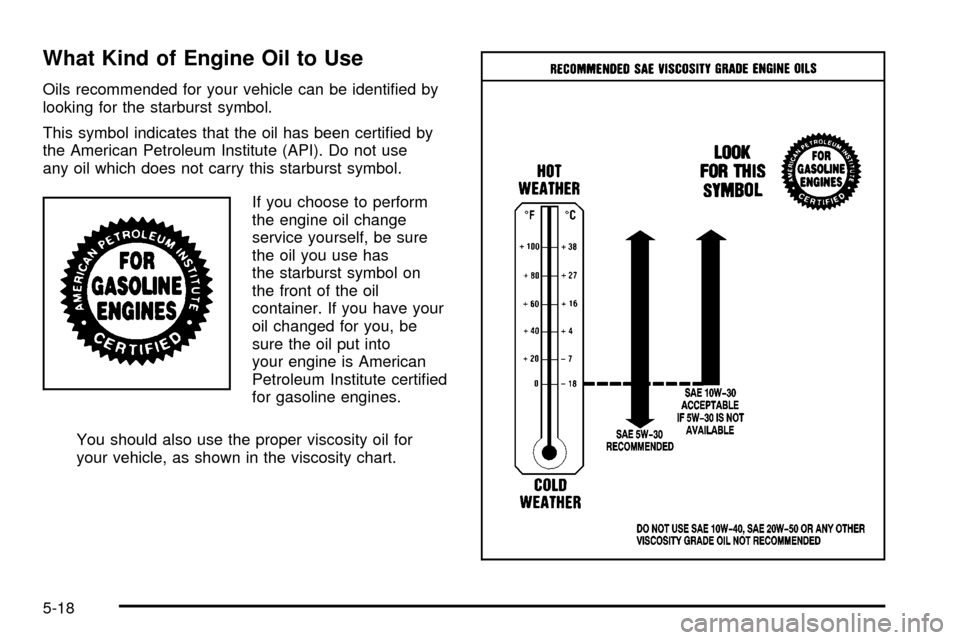 CHEVROLET SILVERADO 2003 1.G Owners Manual What Kind of Engine Oil to Use
Oils recommended for your vehicle can be identi®ed by
looking for the starburst symbol.
This symbol indicates that the oil has been certi®ed by
the American Petroleum 