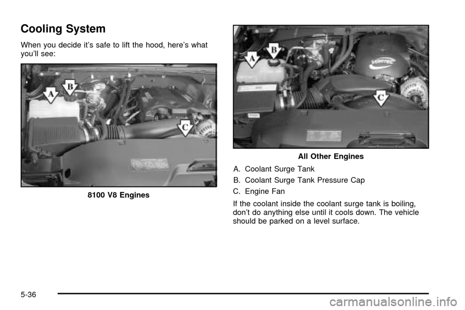CHEVROLET SILVERADO 2003 1.G Owners Manual Cooling System
When you decide its safe to lift the hood, heres what
youll see:
A. Coolant Surge Tank
B. Coolant Surge Tank Pressure Cap
C. Engine Fan
If the coolant inside the coolant surge tank i