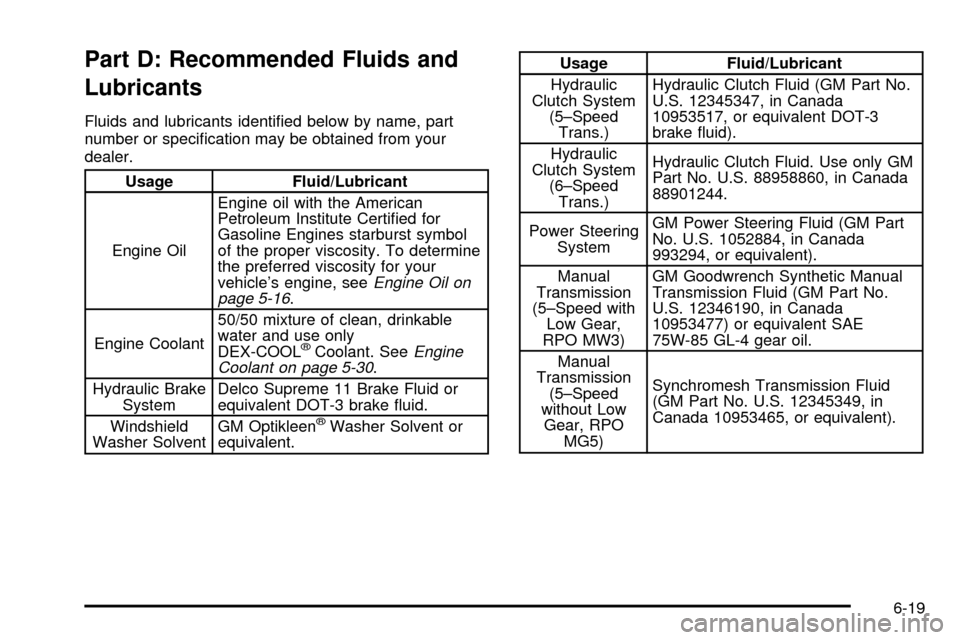 CHEVROLET SILVERADO 2003 1.G Owners Manual Part D: Recommended Fluids and
Lubricants
Fluids and lubricants identi®ed below by name, part
number or speci®cation may be obtained from your
dealer.
Usage Fluid/Lubricant
Engine OilEngine oil with