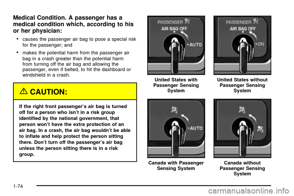 CHEVROLET SILVERADO 2003 1.G Manual PDF Medical Condition. A passenger has a
medical condition which, according to his
or her physician:
·
causes the passenger air bag to pose a special risk
for the passenger; and
·makes the potential har CHEVROLET SILVERADO 2003 1.G Manual PDF Medical Condition. A passenger has a
medical condition which, according to his
or her physician:
·
causes the passenger air bag to pose a special risk
for the passenger; and
·makes the potential har